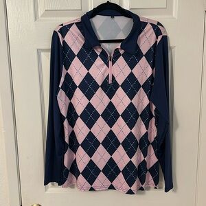 Women’s Plus Size Golf Top Long Sleeves with Collar Pink and Blue Argyle
